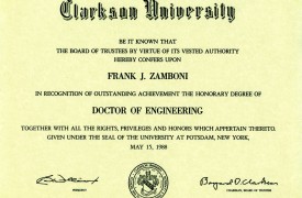 Clarkson Diploma Clarkson University Honorary Doctor of Engineering Diploma presented to Frank Zamboni May 15, 1988.