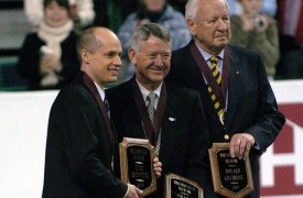 DSC_0607 Richard Zamboni in 2006 at the World Figure Skating Hall of Fame induction in Calgary, Alberta. Richard is shown with Kurt Browning and Donald Gilchrist, other inductees during the ceremony.
